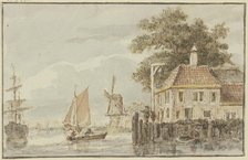 House by the water and a windmill, with several ships nearby. Creator: Hendrik Spilman.