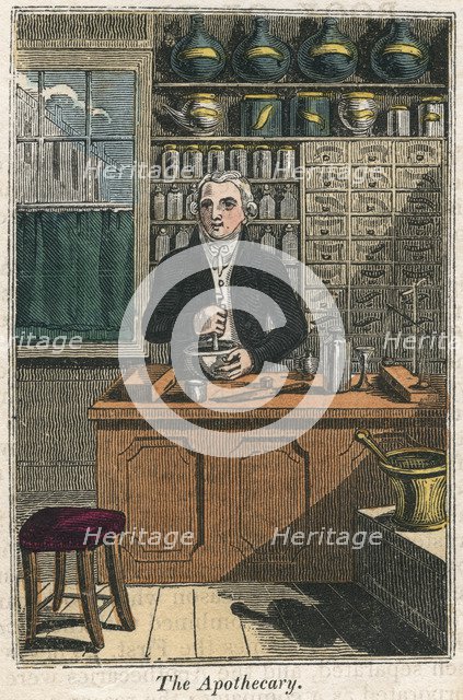 The apothecary using pestle and mortar to prepare drugs, 1823. Artist: Unknown