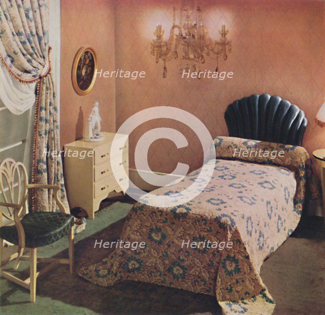 'A Vantona 'Court' bedcover gives a luxurious note to this bedroom', 1942. Artist: Unknown.