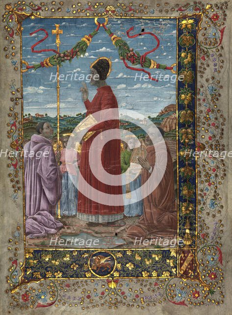 Saints with attendants, 20th-century painting on 14th-century antiphonary. Creator: Venetian Forger.