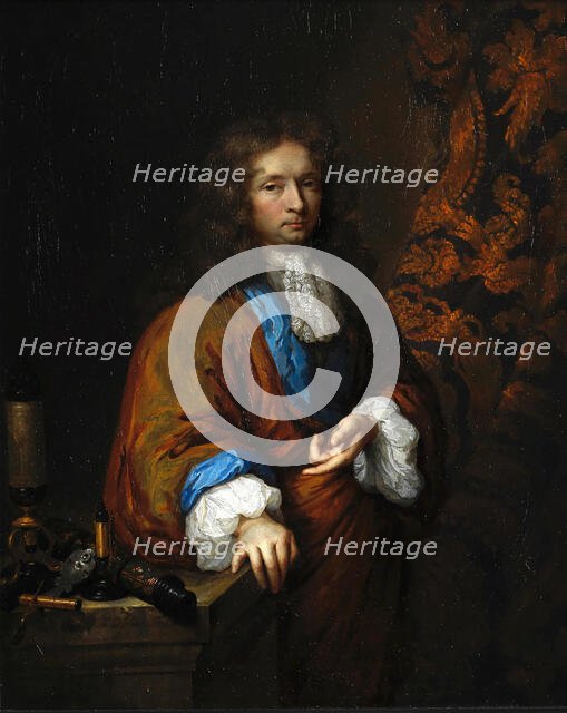 Portrait of Constantijn Huygens Junior (1628-1697), beside a group of microscopes. Creator: Netscher, Caspar (1639-1684).