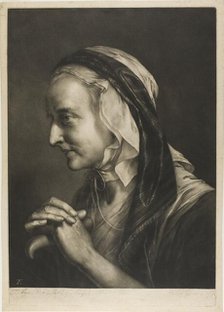 Old Woman Leaning on a Cane, from Life-Sized Heads, 1760. Creator: Thomas Frye.