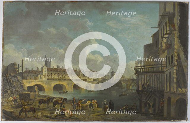 View of Quai de Gesvres during demolition of houses at the Pont au Change , c1788. Creator: Pierre-Antoine Demachy.