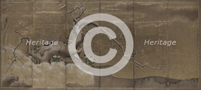 Winter Scene with Plum Trees and Pheasants (Birds Right), early 1600s. Creator: Kano Naonobu (Japanese, 1607-1650).