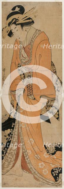 Geisha Standing Beside a Shamisen Case, c. 1810. Creator: Utamaro II (Japanese).