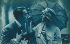 Postcard of romantic vintage couple, in blue. Artist: Unknown