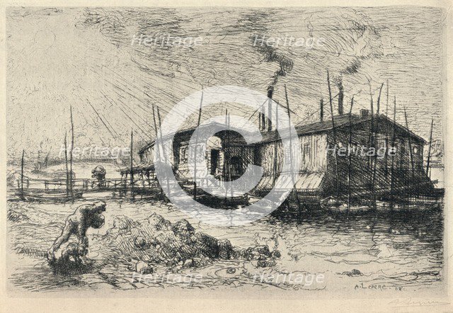 'Old Washing-boats at Grenelle', 1915. Artist: Auguste Lepere.