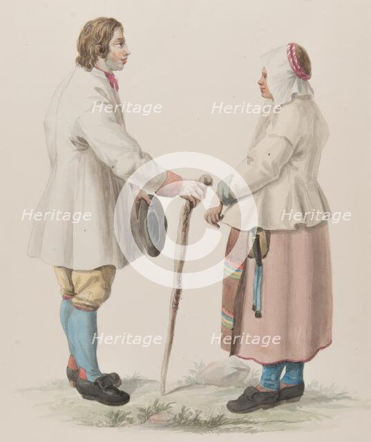 Woman and man with cane, 1800-1822. Costume of Sweden Pl. 19 & 20, 1800-1822. Creator: Carl Wilhelm Swedman.