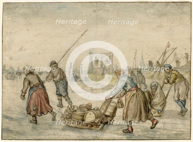 Winter Landscape with Two Women and a Sledge and Other Figures on the Ice, a Gallows...c.1620-c.1625 Creator: Hendrick Avercamp.