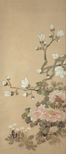 Peonies, Magnolia, and Dandelions, 18th century. Creator: School of Tawaraya Sôtatsu.