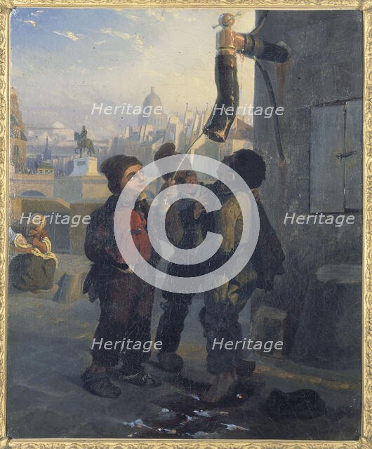 Petits ramoneurs se désaltérant à l'eau d'une pompe, vers 1830, c1830. Creator: Ecole Francaise.