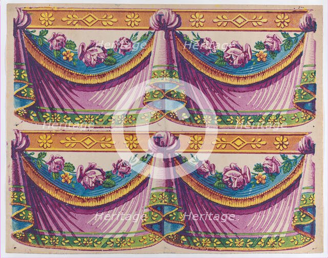 Sheet with two borders with purple drapery and floral designs, late ..., late 18th-mid-19th century. Creator: Anon.