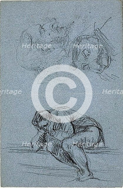 Seated Figure with Head in Hands and Two Caricatures (recto); Four Figures in a Lunet..., 1847/1875. Creator: Jean-Baptiste Carpeaux.