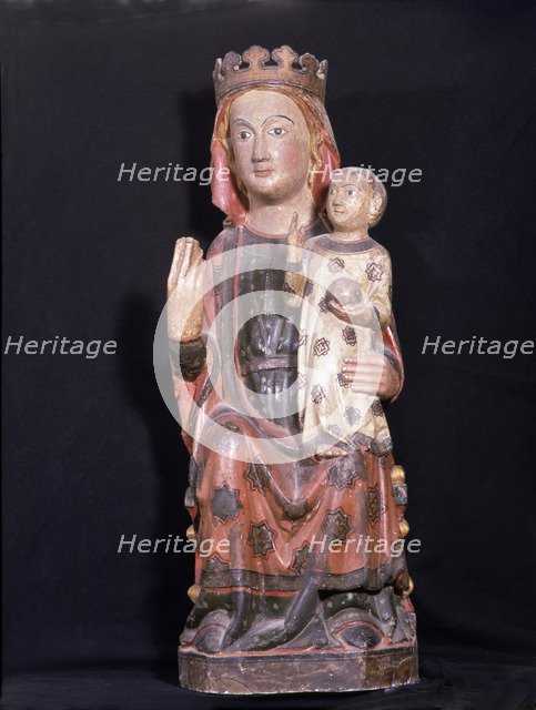  'Mother of God', polychromed wood sculpture. Virgin seated, with his right hand raised while hol…