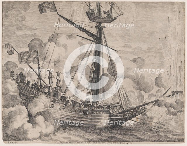 Plate 37: Triumphal ship with fireworks display to the right; from Guillielmus Becanus's '..., 1636. Creators: Jacob Neeffs, Johannes Meursius, Willem van der Beke.