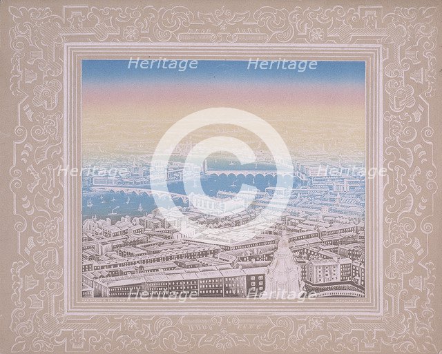 Aerial view of London showing Waterloo Bridge and Blackfriars Bridge, c1845.  Artist: Kronheim & Co