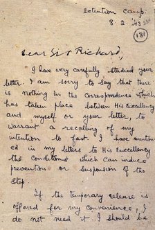 Opening page of a letter from Gandhi to Sir Richard Tottenham, 1943. Creator: Mohandas Gandhi.