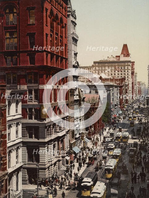 Looking up Broadway from Dey Street, New York City, ca 1900. Creator: Unknown.