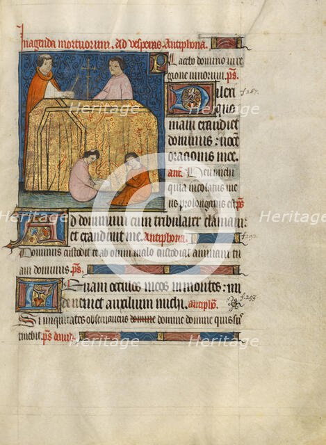 Monks Praying for a Deceased Person; Psalter, about 1390. Creator: Unknown.