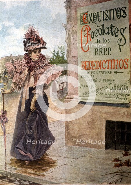 Advertisement of the Benedictine Fathers chocolates, drawing by Bringa Mendez, 1902.