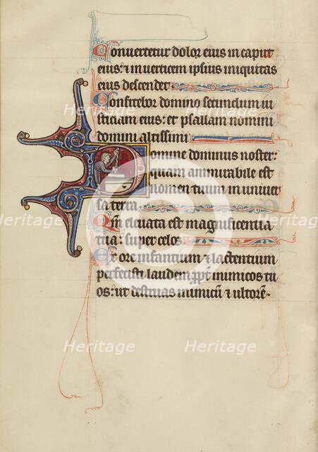 Initial D: Man Working at a Winepress; Bute Psalter, text and illumination about 1285. Creator: Bute Master.