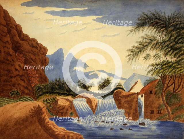 Mountain Scene and Waterwheel, ca. 1820-1870. Creator: Unknown.