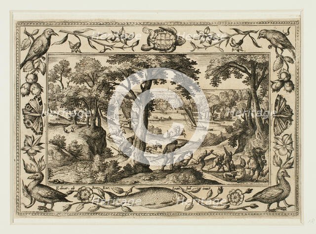 Boar Hunt, from Landscapes with Old and New Testament Scenes and Hunting Scenes, 1584. Creator: Adriaen Collaert.