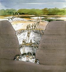 Cutaway Section through Grime's Graves, Neolithic Flint Mine, Norfolk, 1987.  Artist: Terry Ball