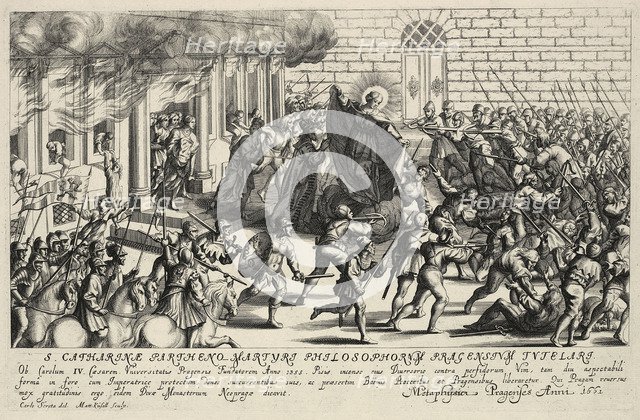 Saint Catherine protects Charles IV during the Pisan popular revolt in May 1355. Artist: Küsel, Matthäus (1629-1681)