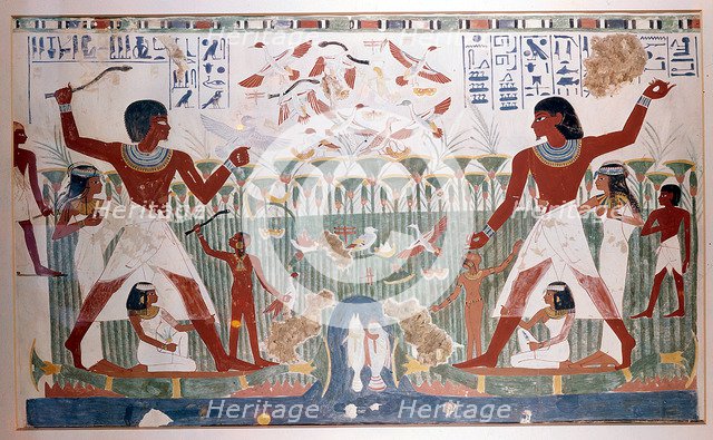 Ancient Egyptians hunting wildfowl with throwing sticks. Artist: Unknown