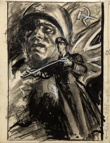 Officer presenting sword; head of Russian soldier with Red Flag and Union Jack, between 1939 & 1946. Creators: Central Office of Information, Unknown.