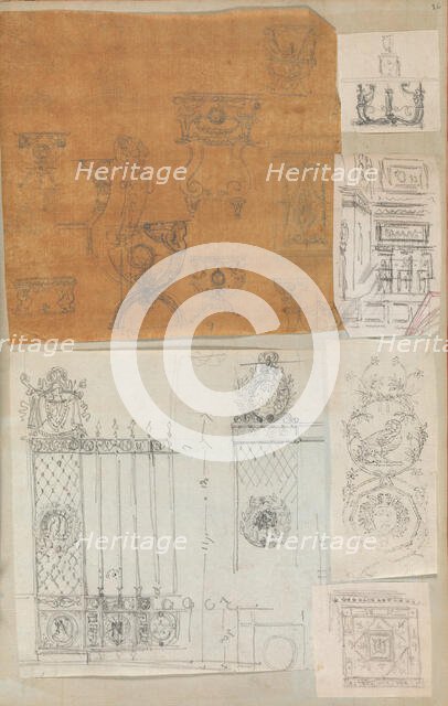 Page from a Scrapbook containing Drawings and Several Prints of Architecture, Int..., ca. 1800-1850. Creators: Workshop of Charles Percier, Workshop of Pierre François Léonard Fontaine.