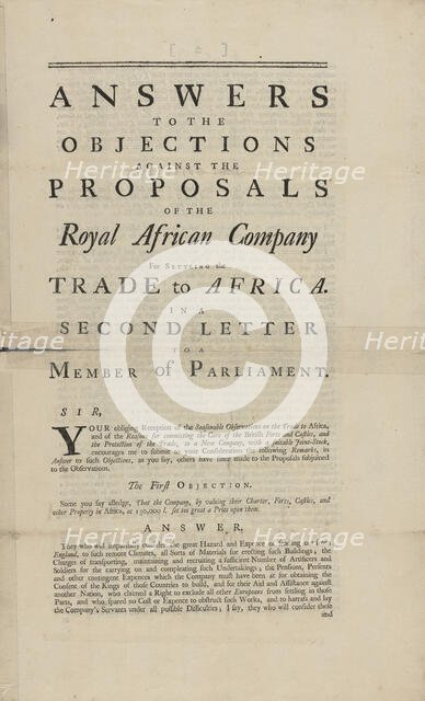 Answers to the objections against the proposals of the Royal African Company for settling..., 1748. Creator: Unknown.