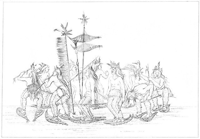 Chippewa snowshoe dance, 1841.Artist: Myers and Co