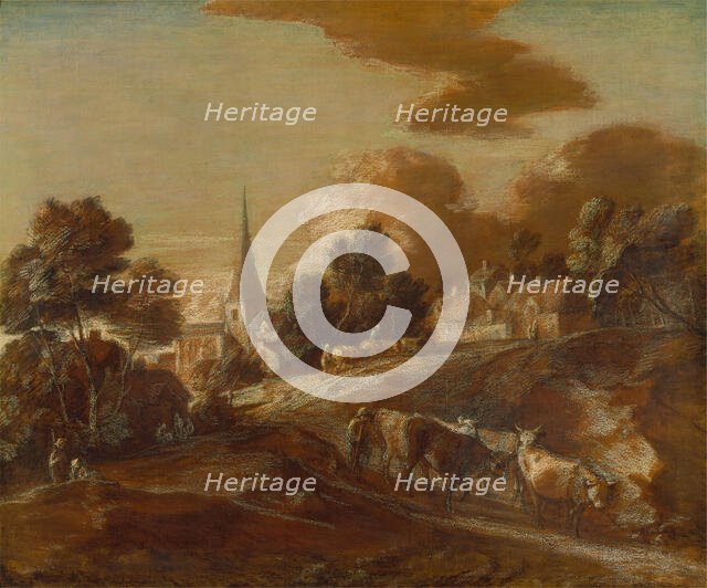 An Imaginary Wooded Village with Drovers and Cattle, between 1771 and 1772. Creator: Thomas Gainsborough.