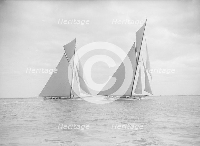 The 19-metre class 'Norada' & 'Mariquita' racing close-hauled, 1913. Creator: Kirk & Sons of Cowes.