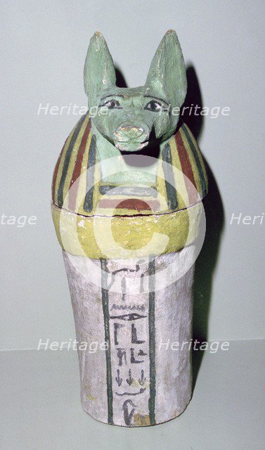 Jackal-headed wooden canopic jar for the storage of organs, Egyptian, 25th Dynasty, c700 BC. Artist: Unknown