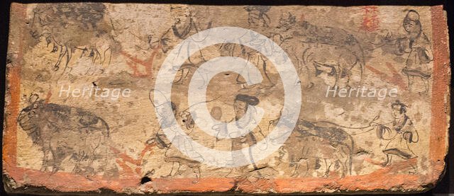 Ox ploughing. From tomb room, 3rd cen. AD. Creator: Chinese Master.