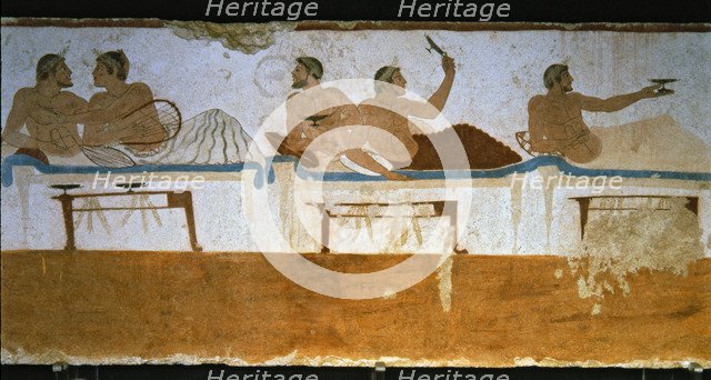 Banquet in which a deceased participates. Detail of a painting in the Jumper Tomb at Paestum.