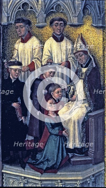 The sacrament of the confirmation', detail of the Crucifixion triptych, work by van der Stock.