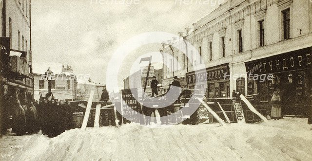 Revolutionary barricades on Seleznevskaya Street, Moscow, Russia, during the uprising in 1905. Artist: Unknown