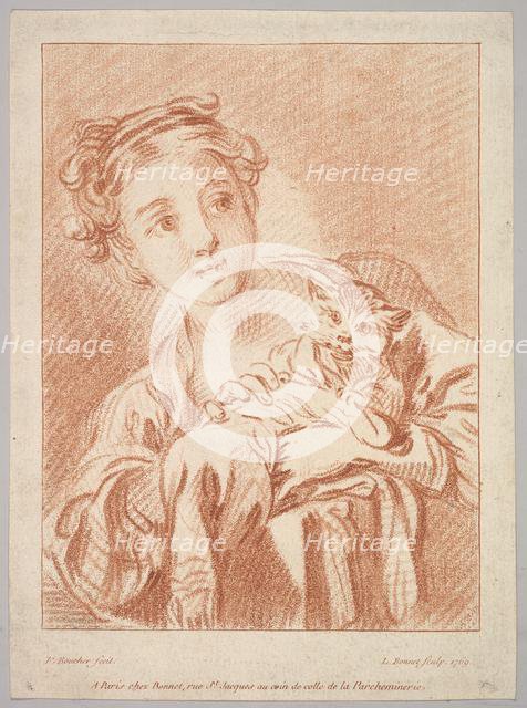 A Young Girl holding a Cat, 1769. Creator: Louis Marin Bonnet.