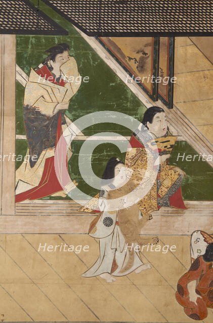 Six-fold screen depicting acrobats performing before a rich household, early - mid-17th century. Creator: Unknown.