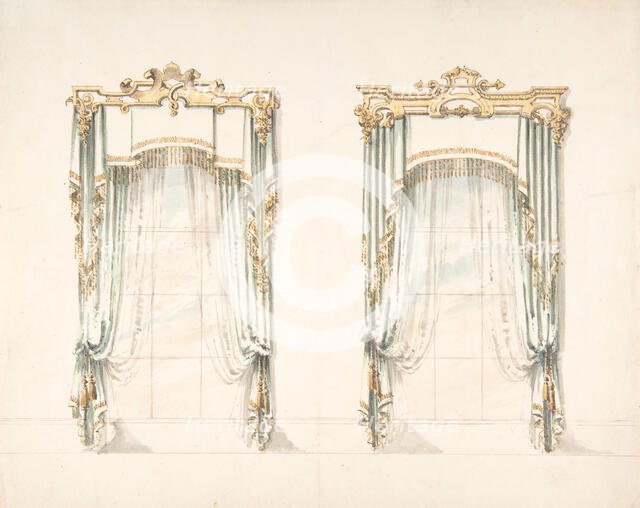 Design for Two White Curtains with Gold Fringes and a White and Gold Pelmets, early 19th cent. Creator: Anon.