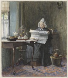 Interior with a woman reading the newspaper, 1854-1892. Creator: Gerke Henkes.