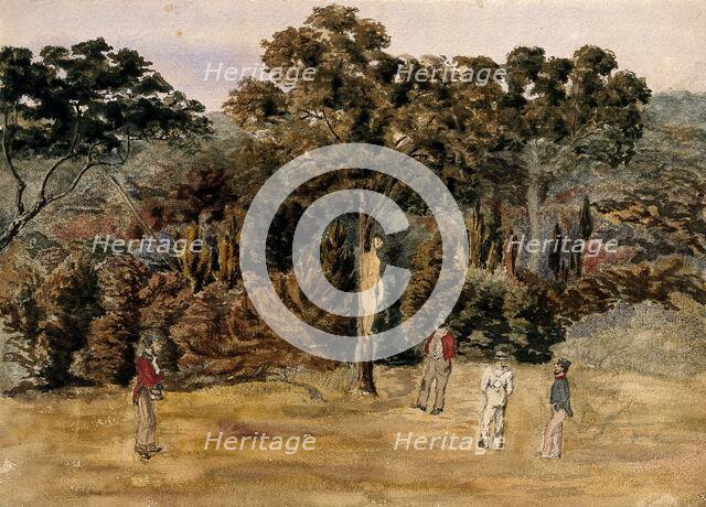 A naked man is strung up on a tree by his neck and surrounded by soldiers. Creator: Unknown.