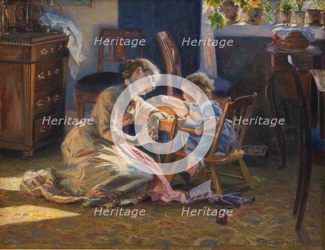 Sunshine in the Living Room. The Artist's Wife and Child, 1888. Creator: Pedersen, Viggo Christian Frederik Vilhelm (1854-1926).