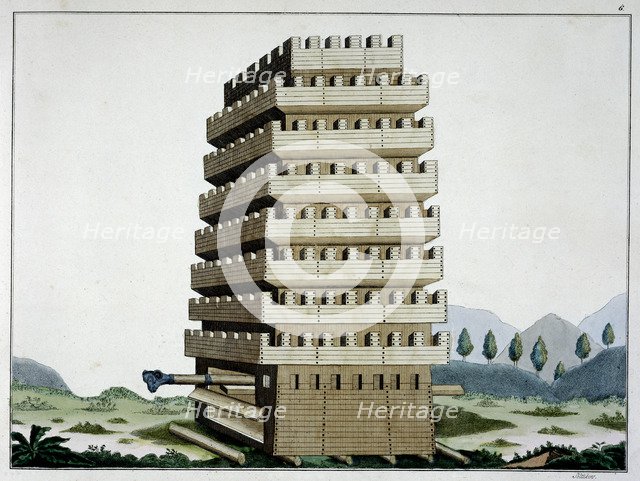 Moveable siege tower with outer galleries and a battering ram, 1842. Artist: Friedrich Martin von Reibisch