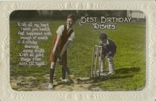 Birthday card featuring two boys playing cricket. Artist: Unknown