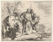 Three figures and a snake coiled around a staff, surrounded by a landscape, the ce..., 18th century. Creator: Giovanni Battista Tiepolo.